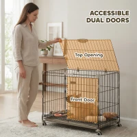 PawHut Dog Crate, 30 Inch Metal Dog Cage with Removable Tray, Lockable Wheels, 2 Doors for Small Medium Breeds, Black(m-6)