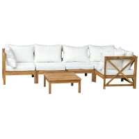 Outsunny 6-Piece Patio Furniture Set, Wooden Conversation Set, Modular Design Sectional Sofa Set with Coffee Table & 8 Pillows for Lawn, Backyard, White(m-7)