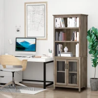 HOMCOM 71" Bookcase Storage Hutch Cabinet with Adjustable Shelves and Glass Doors for Home Office, Kitchen, Living Room, Natural Wood(m-2)