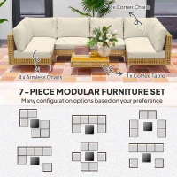 Outsunny 7 Piece Wicker Patio Furniture Set, Modular Outdoor Sectional with Thickened Cushions, Acacia Wood Table, Khaki/Beige(m-4)