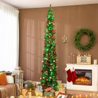 HOMCOM 9ft Christmas Tree with Colourful DIY Synchronized LEDs, Hinged Pencil Xmas Tree with Remote, Daily Timer, Green(m-8)