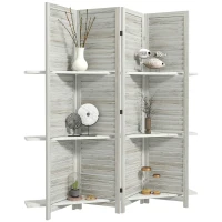 HOMCOM 4-Panel Wall Partition Room Separator with 3 Storage Shelves Foldable Design Wooden Frame 5.6FT Distressed White(m-9)