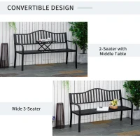 Outsunny Metal Outdoor Bench with Liftable Middle Table, Patio Loveseat, Garden Bench for Lawn, Porch, Seats 2–3 People, Black(m-4)