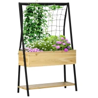 Outsunny Raised Garden Bed with Trellis & Storage Shelf, Elevated Planter Box with Metal Legs, Bed Liner and Drainage Holes, for Vegetable Vines, Climbing Plants, Flowers, Natural(m-1)