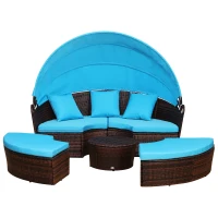 Outsunny 4-Piece Round Convertible Daybed with Cushions, Outdoor PE Rattan Patio Wicker Sofa Set, Sunbed with Adjustable Sun Canopy, Sectional Sofa, 2 Chairs, Table, 3 Pillows, Light Blue(m-11)