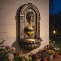 Outsunny Wall-Mounted 3-Tier Outdoor Fountain, Resin Cascading Waterfall with LED Lights and Adjustable Flow, Rustic Brown(m-8)