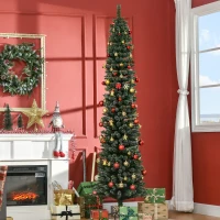 HOMCOM 7.5FT Artificial Snow Dipped Christmas Tree Xmas Pencil Tree Holiday Home Indoor Decoration with Foldable Black Stand, Green(m-1)