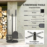Outsunny Fireplace Tools Set 5 Piece Kit with Stand, Brush, Shovel, Poker, Tongs, Indoor Outdoor Fireside Accessories, Black(m-4)
