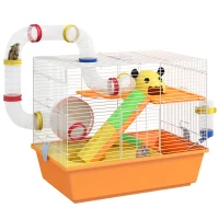 PawHut 3 Tiers Hamster Cage for Gerbil, Dwarf Hamster with Tunnels, Water Bottle, Exercise Wheel, 18" x 11" x 15" - Orange(m-9)