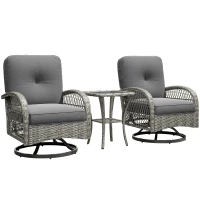 Outsunny Wicker Balcony Furniture with 2 Swivel Rocking Chairs and 2-Tier Glass Coffee Table, 3 Piece Patio Set for Porch, Grey(m-9)