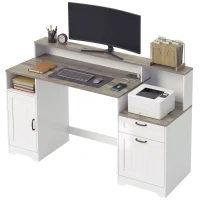 HOMCOM Computer Desk with Power Outlets Office Desk 1 Cabinet File Drawer Grey Brown White(m-2)
