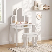 Qaba Kids Dressing Table and Chair Set, Girls Dressing Set, Makeup Desk with Drawer for 3-6 Years Old Kids, White(m-9)