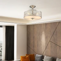 HOMCOM Chandelier Pendant Light Lamp with Crystal Ball Pole, Hanging Ceiling Lamp, Drum Shaped Shade, Metal Base, Silver(m-2)