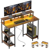 HOMCOM Computer Desk with Storage, 47" Reversible Computer Table with Power Outlets and LED Lights, Rustic Brown(m-11)