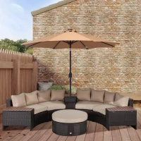 Outsunny 8 Piece Outdoor Rattan Sofa, Half Round Patio Furniture Set with Side Tables, Umbrella Hole, and Cushions, Mixed Brown and Beige(m-14)