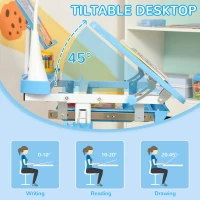 Qaba Kids Desk and Chair Set Height Adjustable Student Writing Desk Children School Study Table with Tilt Desktop, Blue(m-7)