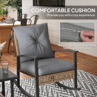 Outsunny 3 Pieces Bistro Set, Patio Wicker Furniture Set with Button Tufted Cushions, Rattan Rocking Chairs, Coffee Table, Gray(m-6)