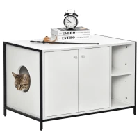 PawHut Large Cat Litter Box Enclosure, Litter Box Furniture Hidden with Magnetic Doors & Storage Shelves, Wooden Cat Washroom Indoor, 33" L x 20" W x 22" H, White(m-1)