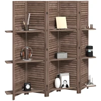 HOMCOM 5 Panel 67" Tall Wood Privacy Screen Room Divider with 3 Shelves and Folding Storage for Bedroom, Walnut(m-1)