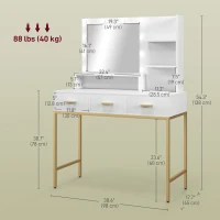HOMCOM Illuminated Dressing Table, LED Vanity Table with Mirror, 3 Drawers and Storage Shelves for Bedroom, White(m-3)