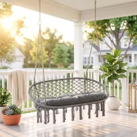 Outsunny Patio Hammock Chair 2 Seat, Hanging Rope Hammock Swing Chair with Metal Frame and Cushion, Large Macrame Seat for Indoor and Outdoor 396 lbs Capacity, Dark Grey(m-1)