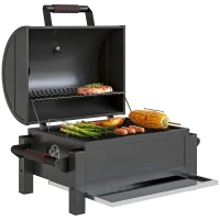 Outsunny Tabletop Charcoal Smoker, Portable BBQ with Ash Catcher and Thermometer for Backyard, Camping, Picnic, Black(m-9)