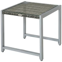 Outsunny Rattan Coffee Table, Wicker Patio Side Table with Tempered Glass Top and Aluminum Frame for Outdoor, Garden, Gray(m-2)
