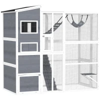 PawHut 76" Catio Outdoor Cat Enclosure with Cat Condo, Jumping Platforms, Ladder, Ramps, Hammock for 2-3 Indoor Cats, Grey(m-2)