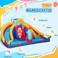 Outsunny 5-in-1 Inflatable Water Slide, Rocket Themed Kids Castle Bounce House with Slide, Pool, Water Cannon, Basket, Climbing Wall Includes Carry Bag, Repair Patches, 750W Air Blower(m-4)