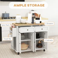 HOMCOM Modern Rolling Kitchen Island Cart with Spice Rack, Distressed White(m-4)