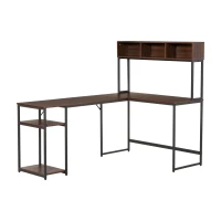 HOMCOM L-Shaped Home Office Desk with Bottom Tower Shelf, 3 Cube Shelves, Computer Writing Desk with Metal Frame, Walnut Brown(m-1)