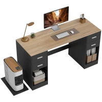 HOMCOM Office Desk, 55" Computer Desk with 4 Reversible Drawers, Mobile PC Stand, Adjustable Shelf, Black Wood Grain(m-9)