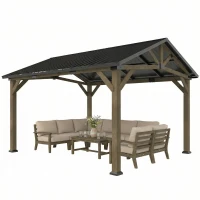 Outsunny 13' x 11' Hardtop Gazebo Canopy with Galvanised Metal Roof, Fir Wood Frame and Central Hook for Patio, Black Grey(m-9)