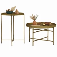 HOMCOM Coffee Table Set for Living Room, Round Center Table Set with Hammered Tray Top and Metal Frame for Bedroom, Gold(m-9)