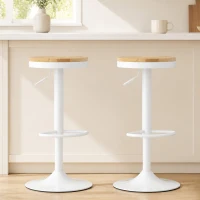 HOMCOM Wood Barstools Set of 2, Swivel Bar Stools with Adjustable Height for Kitchen Counter, Natural Wood and White(m-1)