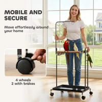 PawHut Bird Stand with Wheels Parrot Stand with Slide-out Tray Stainless Steel Bowls for Indoor Outdoor Dark Gray(m-7)