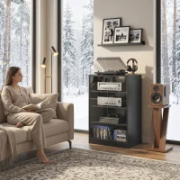 HOMCOM Media Cabinet, 4-Tier Stereo Cabinet for Vinyl Record Player, Gaming Console, AV Record Player Stand with Adjustable Shelves, Push-to-Open Glass Doors and Cable Management, Distressed Black(m-2)