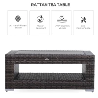 Outsunny Wicker Coffee Table with Height Adjustable Feet, 2 Tier Storage Shelf, Rattan Wicker Patio Table with Deluxe Slatted Top for Outdoor, Patio, Garden, Backyard, Mixed Grey(m-5)
