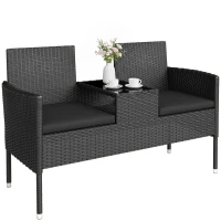 Outsunny Patio Furniture w/ Mid-Table PE Rattan Loveseat w/ Cushion, Black(m-13)