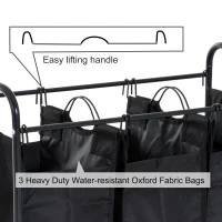 HomCom 3 Bag Heavy Duty Divided Laundry Hamper Sorter Cart With Wheels And Hanging Bar - Black(m-7)