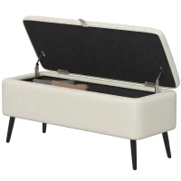 HOMCOM 40" Ottoman with Storage, Linen Upholstered Storage Ottoman Bench with Steel Legs for Living Room, Bedroom Cream White(m-2)