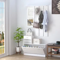 HOMCOM Entryway Organizer Unit, 3 In 1 Design Hall Tree with 6 Hooks, Mirror, Coat Rack Shoe Storage Shelf with Coat Hanger for Hallway Living Room White(m-7)