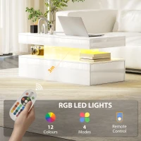 HOMCOM LED Coffee Table, Living Room Table with 2 Drawers and Open Shelf, High Gloss White(m-4)