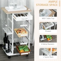 HOMCOM Rolling Kitchen Cart, Utility Storage Cart with 4 Baskets, Drawer, Side Racks, Wheels for Dining Room, Natural and White(m-4)
