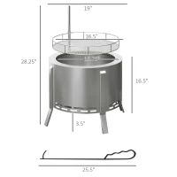 Outsunny 2-in-1 Smokeless Fire Pit BBQ Grill Portable Camping Bonfire Stove with Poker, Stainless Steel, Silver(m-3)