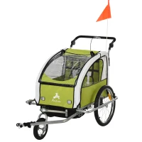 Aosom Elite 360 Swivel Bike Trailer for Kids Double Child Two-Wheel Bicycle Cargo Trailer With 2 Security Harnesses, Green(m-1)
