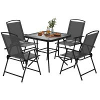 Outsunny 5 Pieces Outdoor Patio Dining Set with Glass Top Table and 4 Mesh Folding Chairs, Small Outdoor Patio Furniture, Grey(m-2)