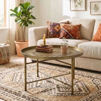 HOMCOM Coffee Table for Living Room, 24" Round Center Table with Hammered Tray Top and Metal Frame for Bedroom, Gold(m-6)