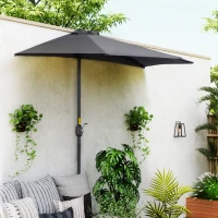 Outsunny 9ft Half Round Patio Umbrella, Outdoor Market Patio Table Umbrella Parasol with Crank Mechanism, 5 Ribs, Grey(m-8)