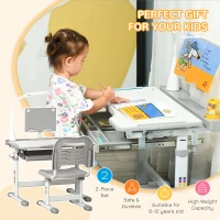 Qaba Kids Desk and Chair Set, School Study Desk with USB Light, Storage Drawer for Writing, Activities, Arts, or Crafts, Gray and White(m-4)